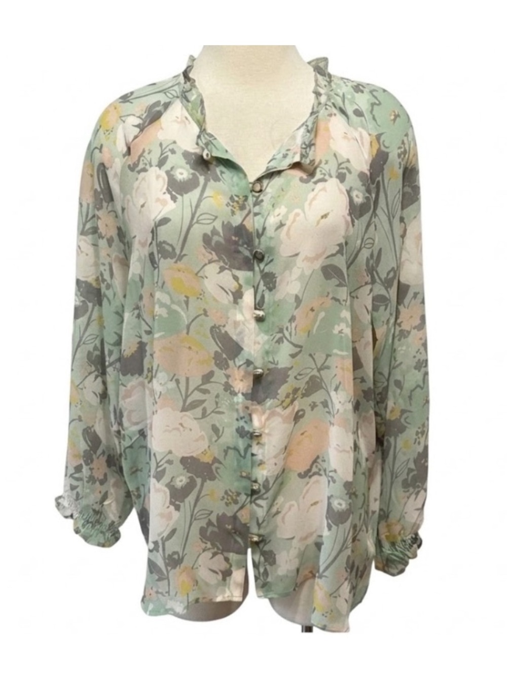 Spartina 449 Mint Silk Floral Ruffle-Neck Button Blouse Sz S